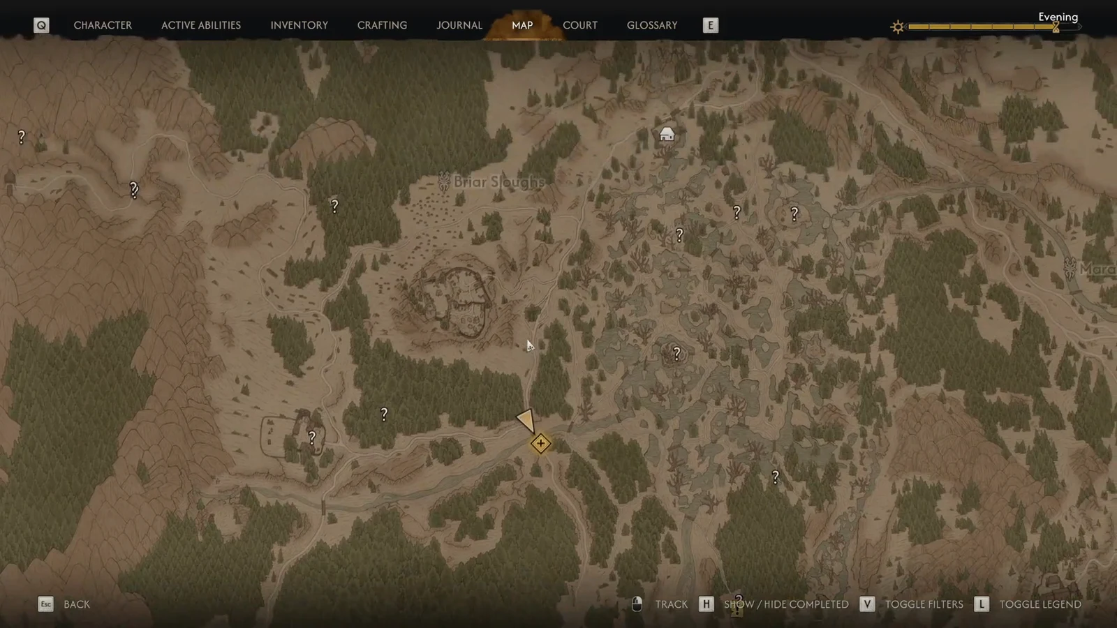 Map screen open over Briar Sloughs with the yellow quest marker on the bridge