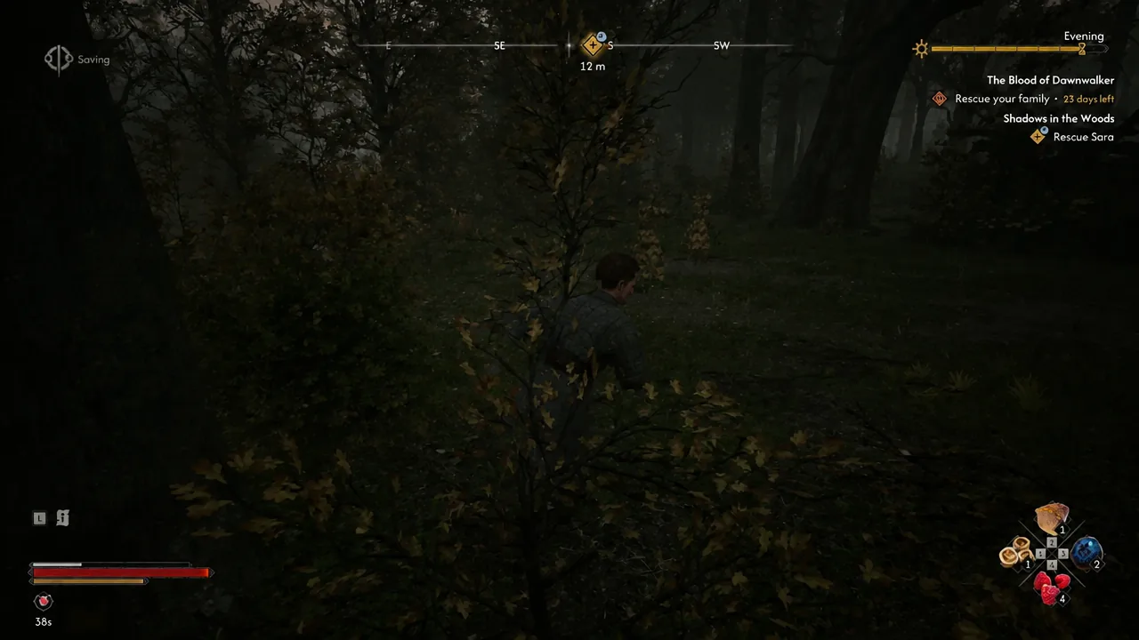 Coen moving through the woods with the objective marker showing 12 meters away