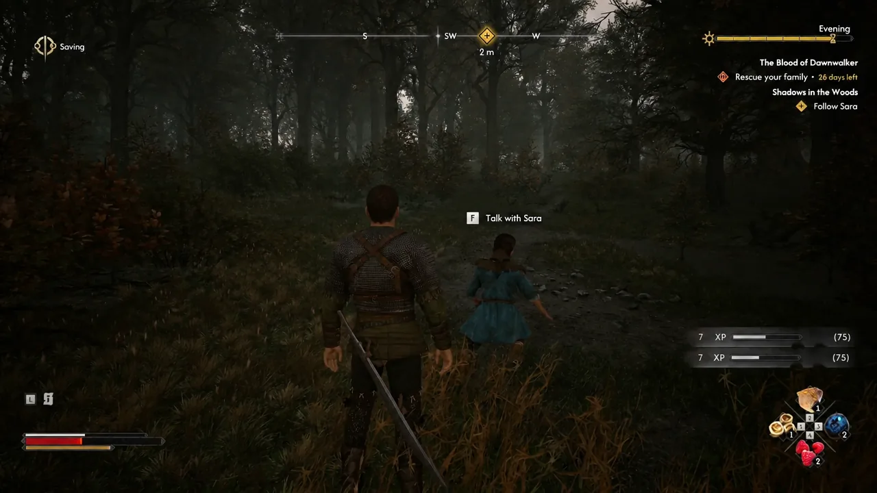 Talk with Sara interaction prompt appears as Coen walks up to her in the forest