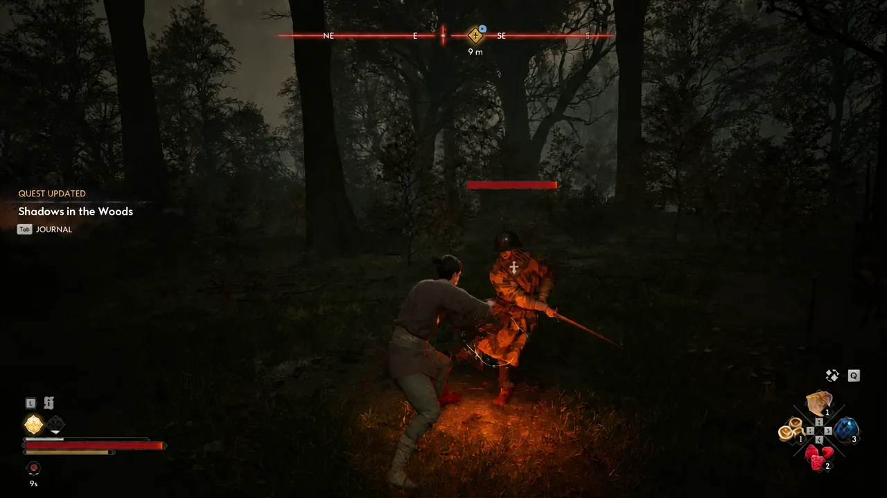 Quest Updated notice for Shadows in the Woods during combat with a highlighted guard