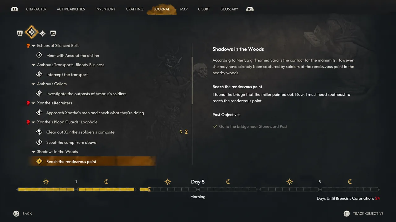 Journal entry for Shadows in the Woods with the Reach the rendezvous point objective highlighted