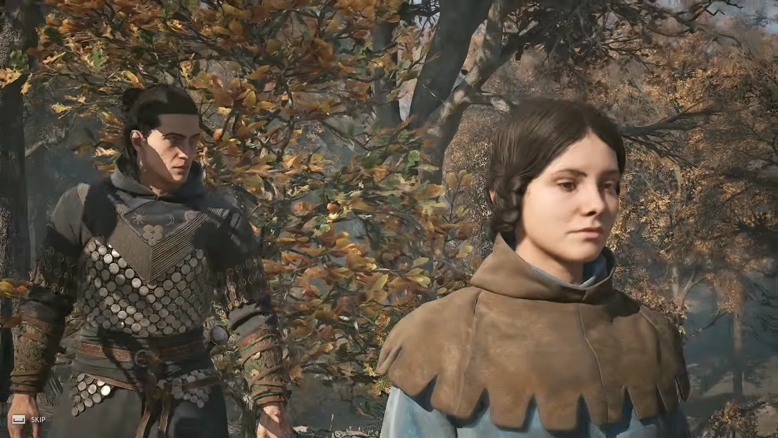 The scripted camp ambush cinematic plays with the SKIP prompt shown in the corner.
