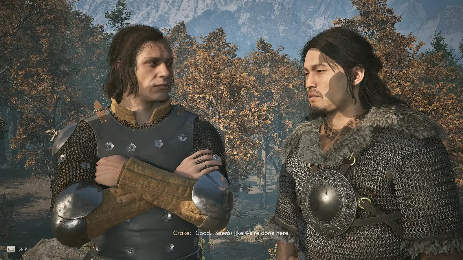 Crake's closing line, "Good... Seems like we're done here," shown in the dialogue cutscene.