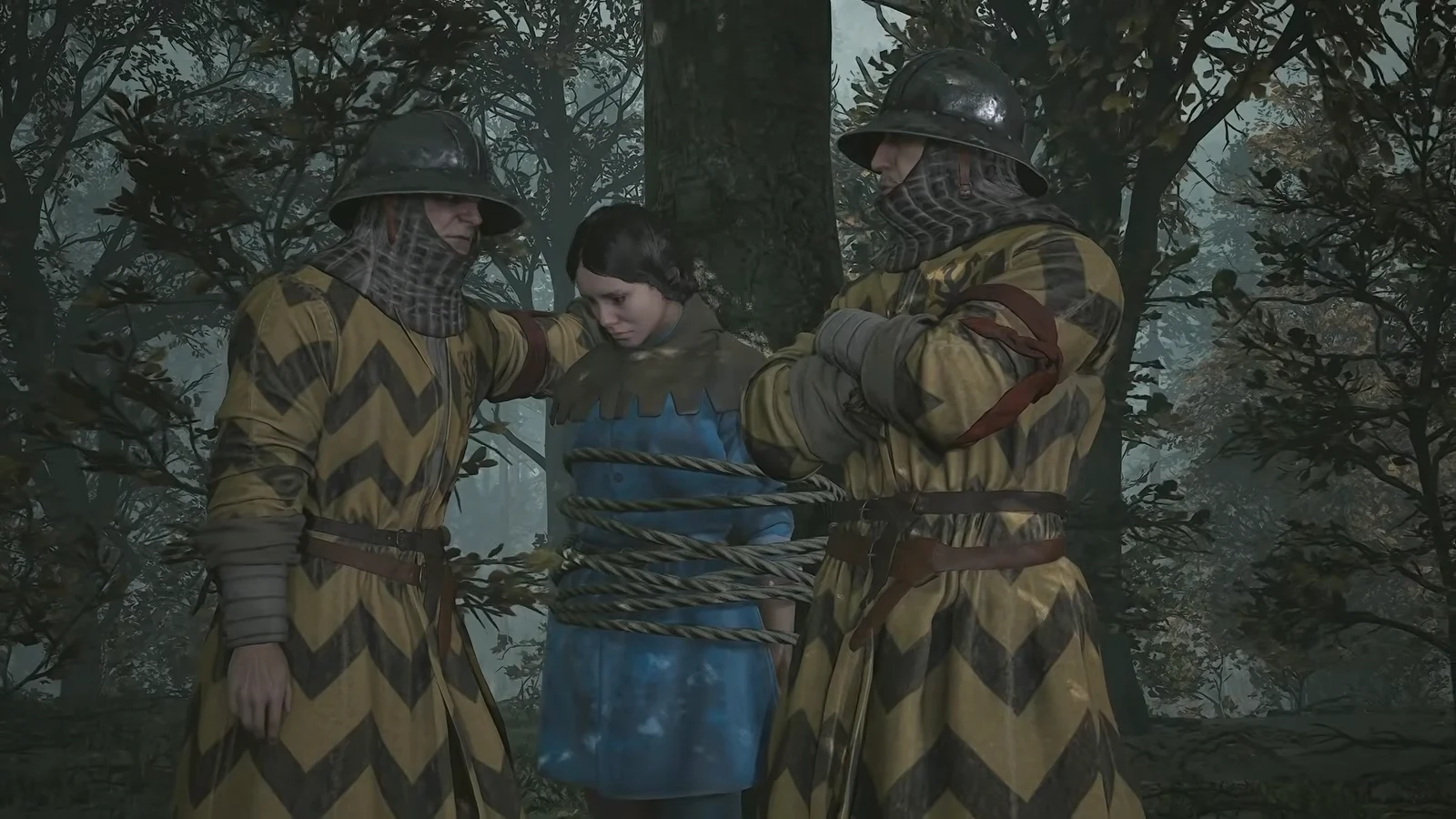 Coen faces two of Brencis's Soldiers guarding Sara during the dialogue at the collapsed cabin.