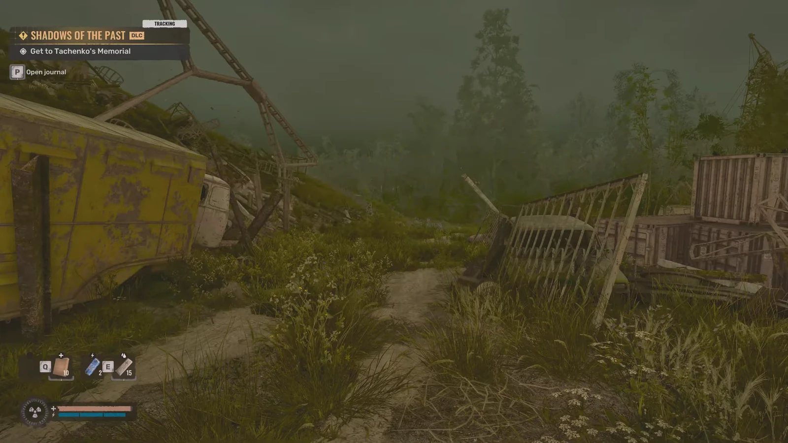Shadows of the Past quest tracker showing Get to Tachenko's Memorial in a ruined outdoor area