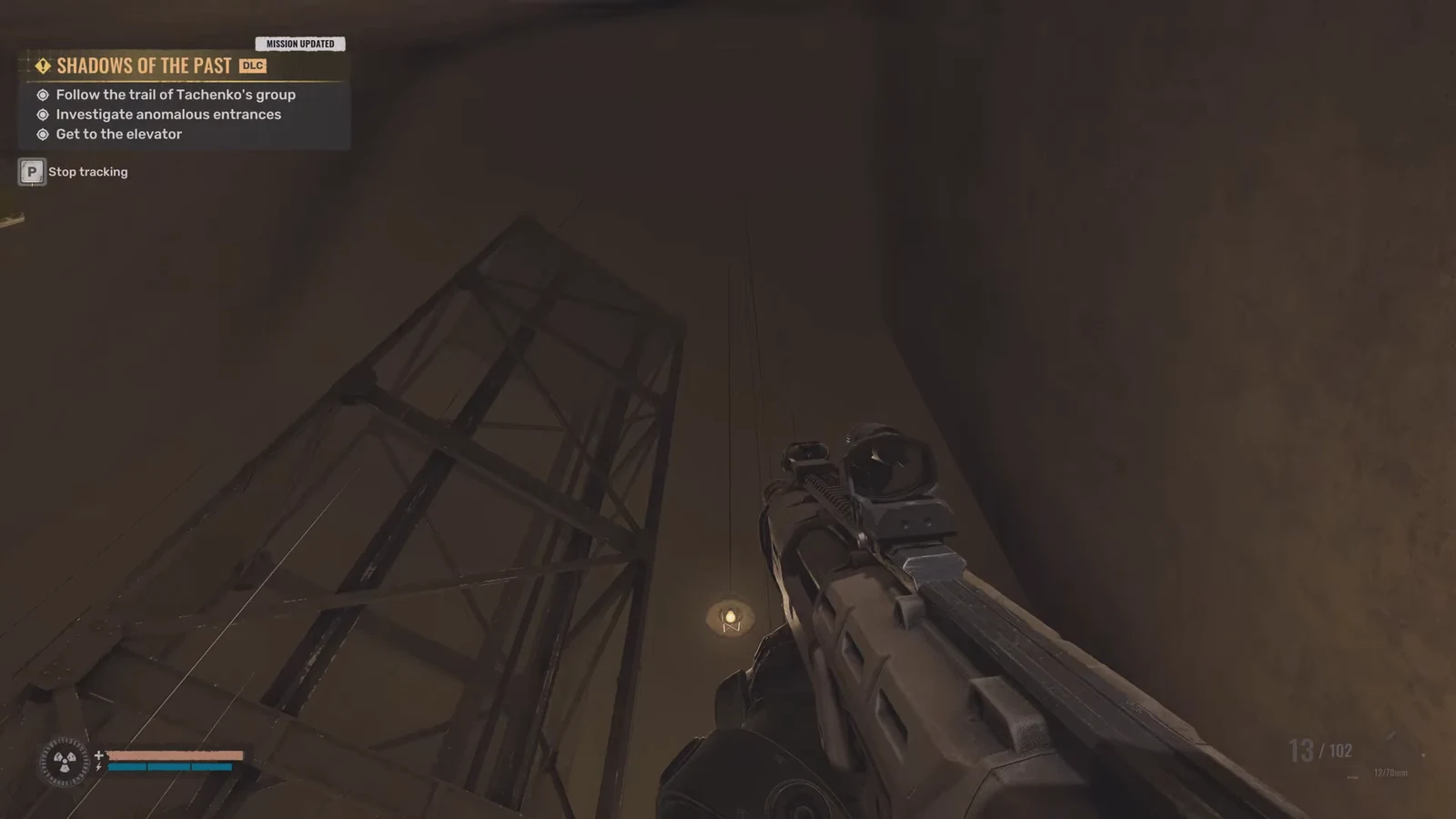 Shadows of the Past mission tracker listing objectives up to reaching the elevator