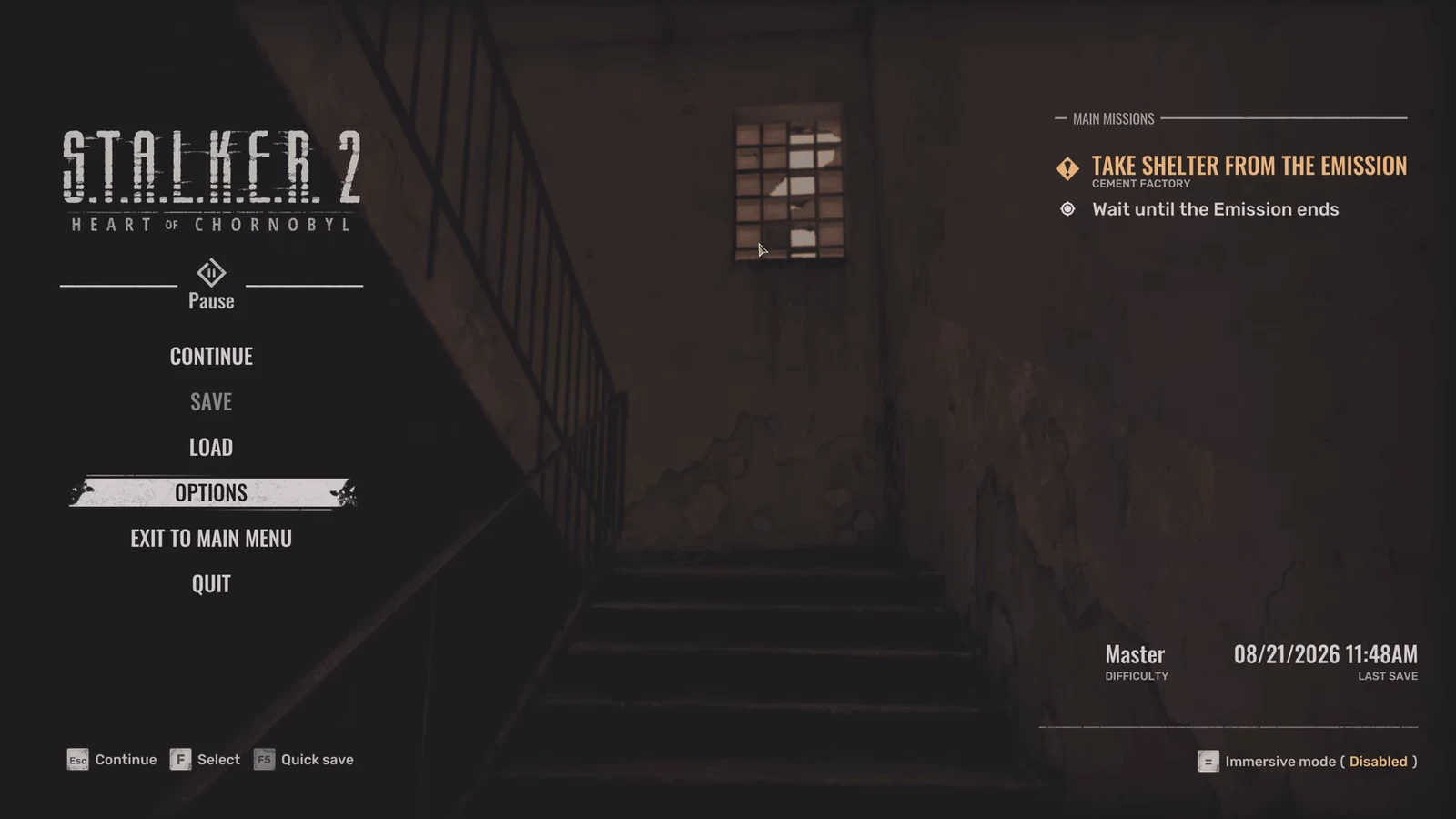 STALKER 2 pause menu with Options highlighted