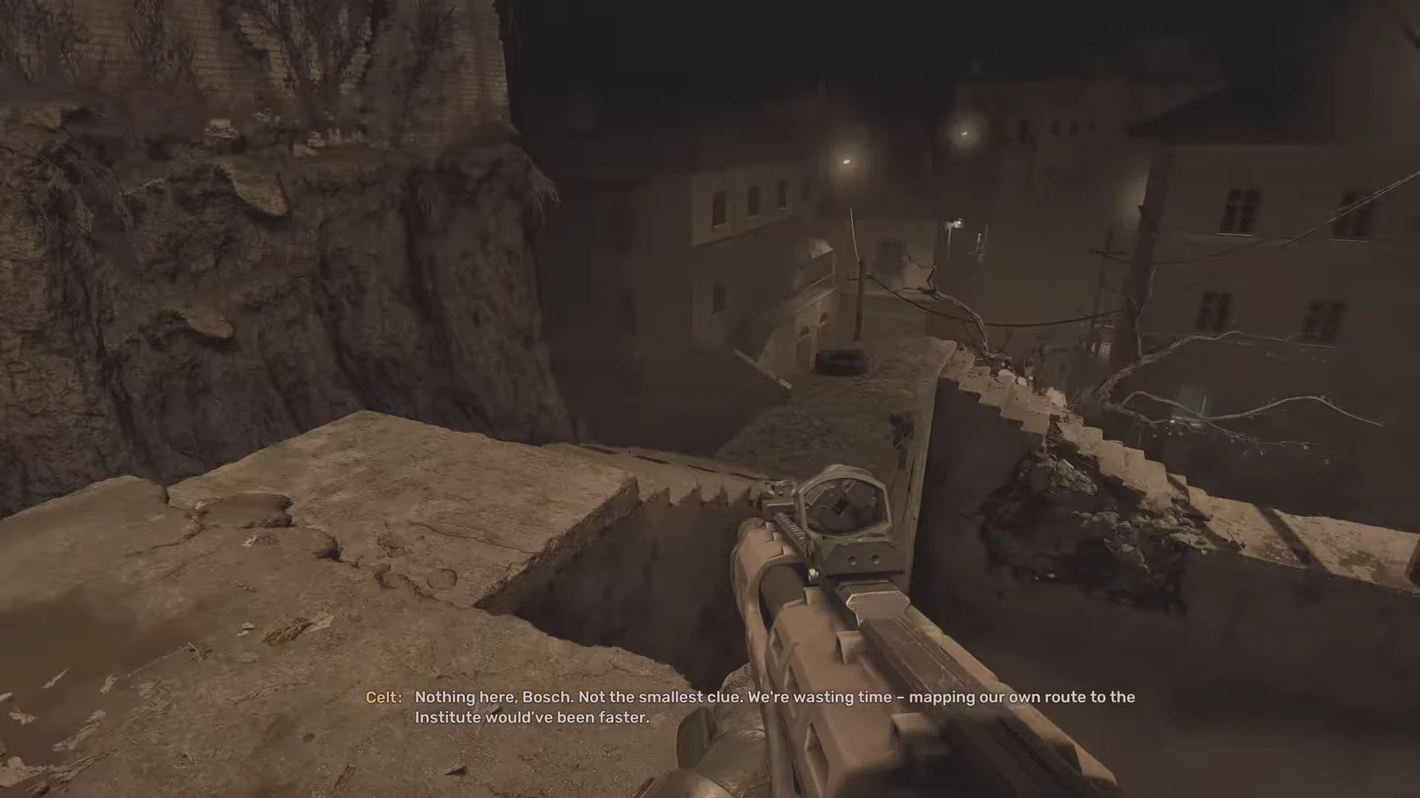 First-person rifle aimed across a ruined village during the looping apartment sequence