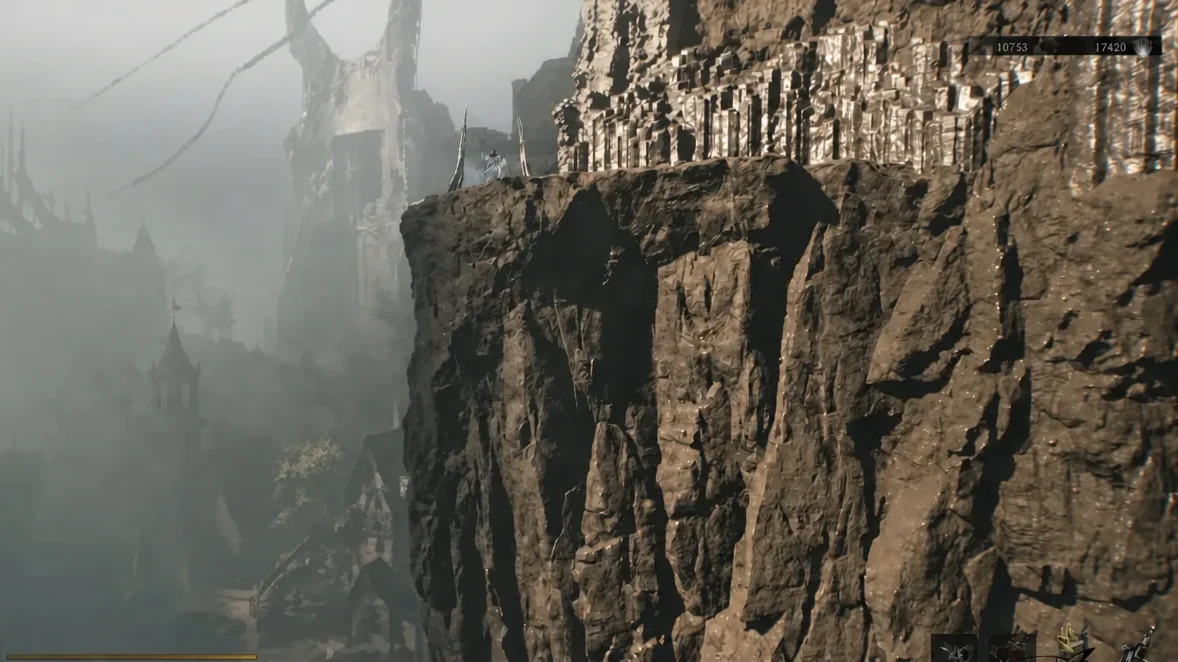 Player running along the rocky cliffside path toward the rift, with the combat HUD visible
