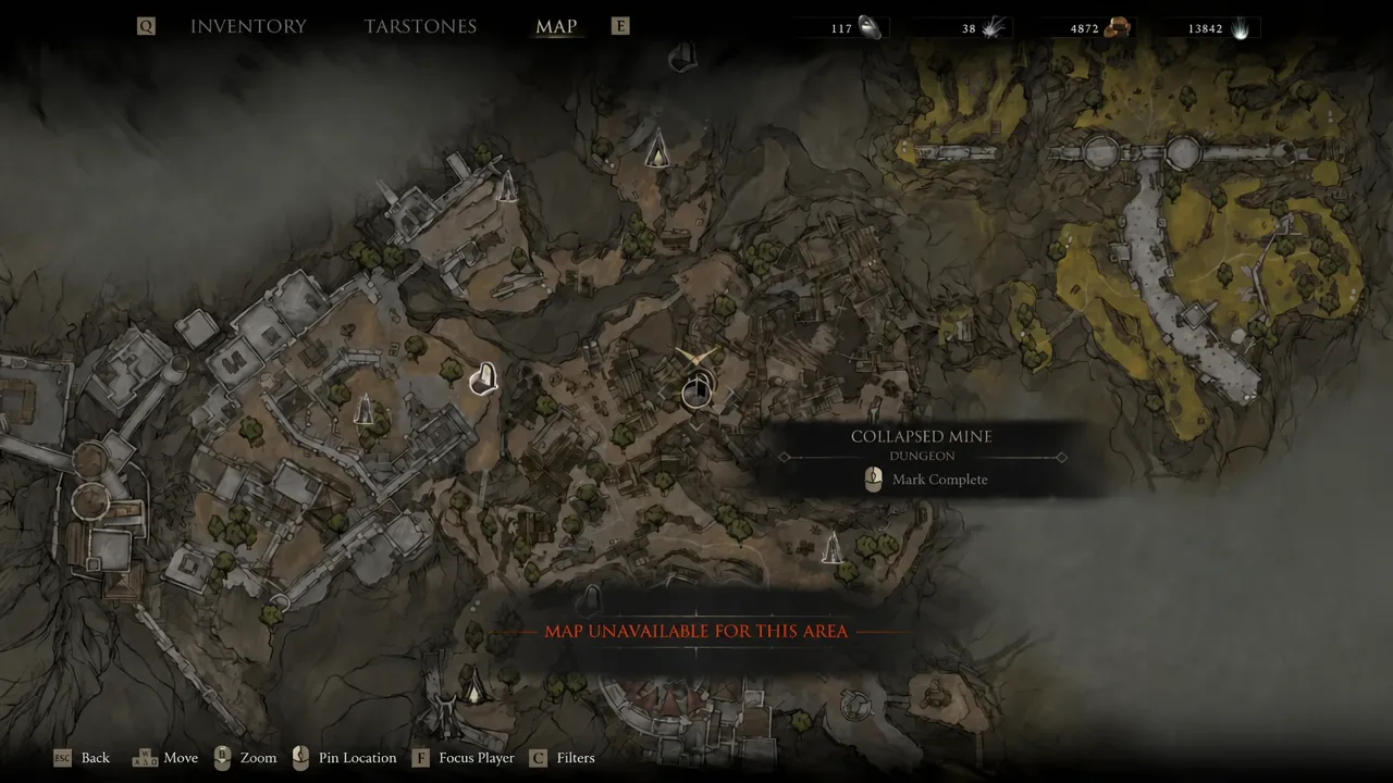 Map screen with the Collapsed Mine dungeon marker selected