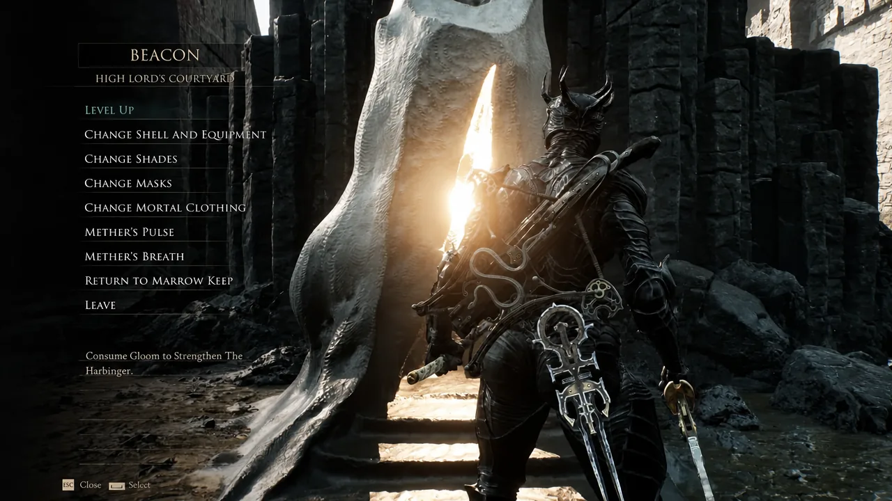 Beacon menu at High Lord's Courtyard with the Level Up option highlighted