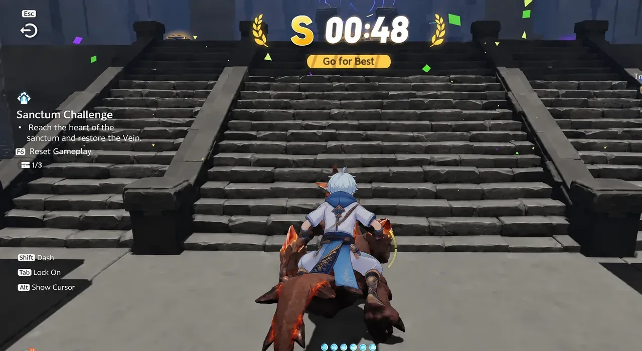 Timer running on the Sanctum Challenge screen as the character climbs toward the finish shelf