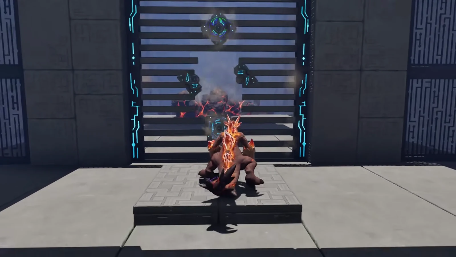 Magmarex standing in front of the barred Shatterstone challenge gate with glowing mechanical locks