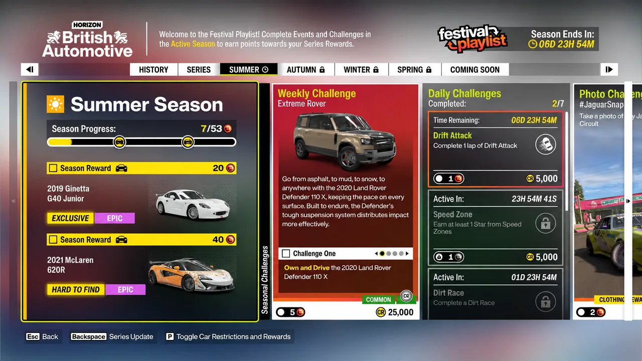 Summer Season tab of the Festival Playlist showing season progress and active challenges