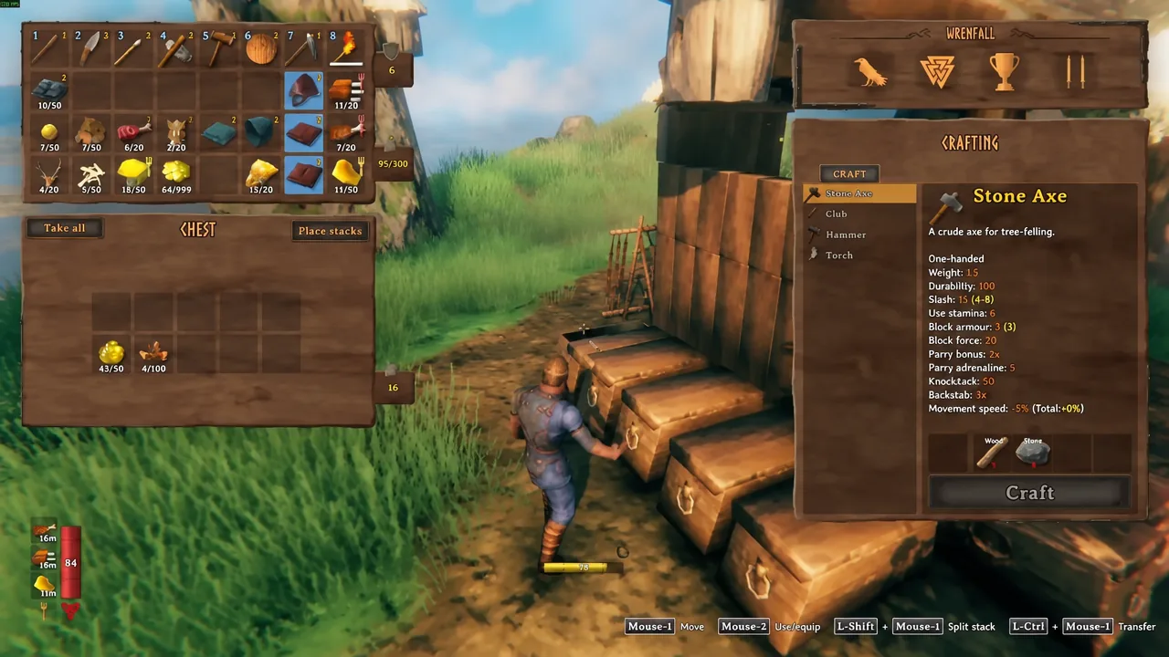 Valheim crafting menu with the Stone Axe recipe selected, showing its materials and the Craft button