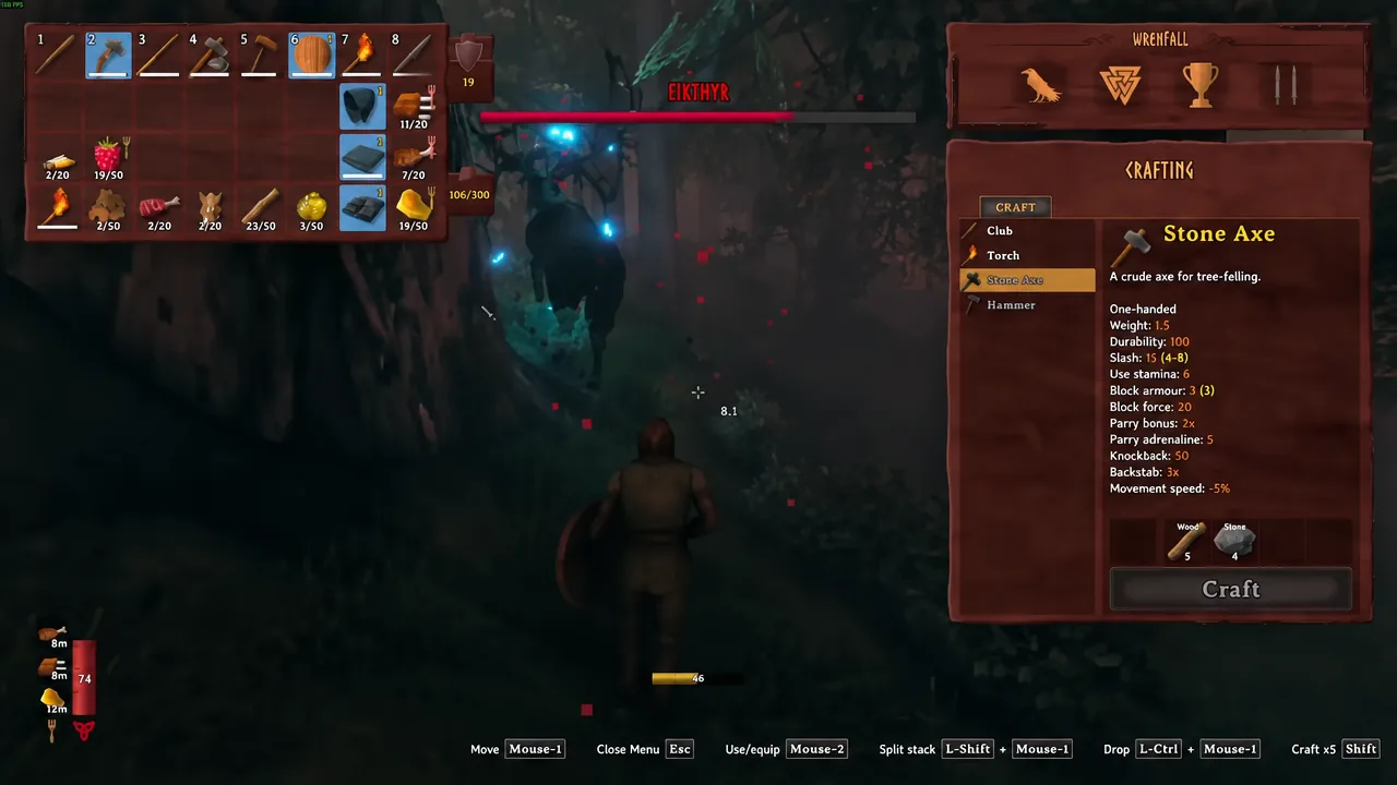 Crafting menu open on the Stone Axe entry with its material cost and Craft button