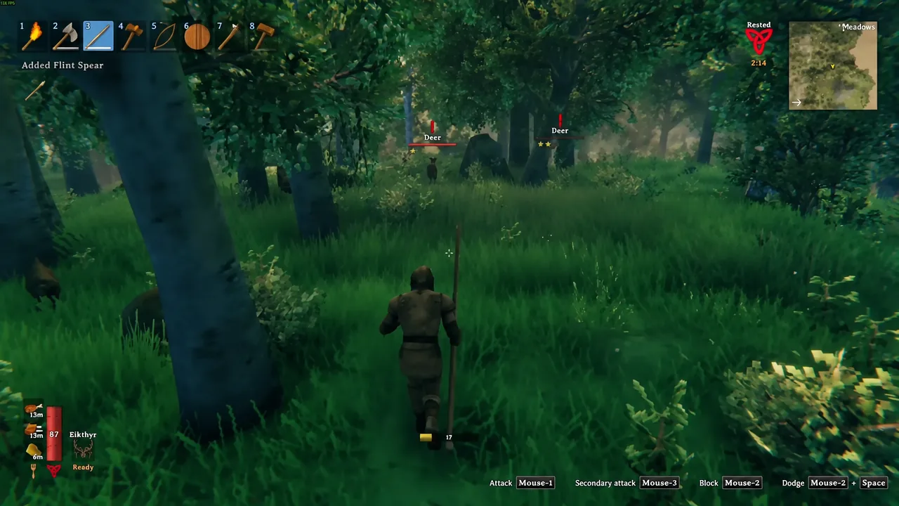 Player with the Flint Spear equipped in hotbar slot three, approaching deer in the Meadows