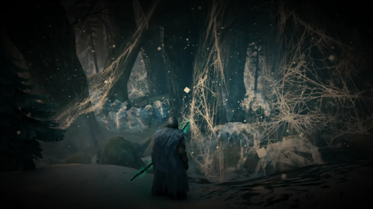 A cloaked Viking explores a dark, web-covered forest cavern lit by dim light