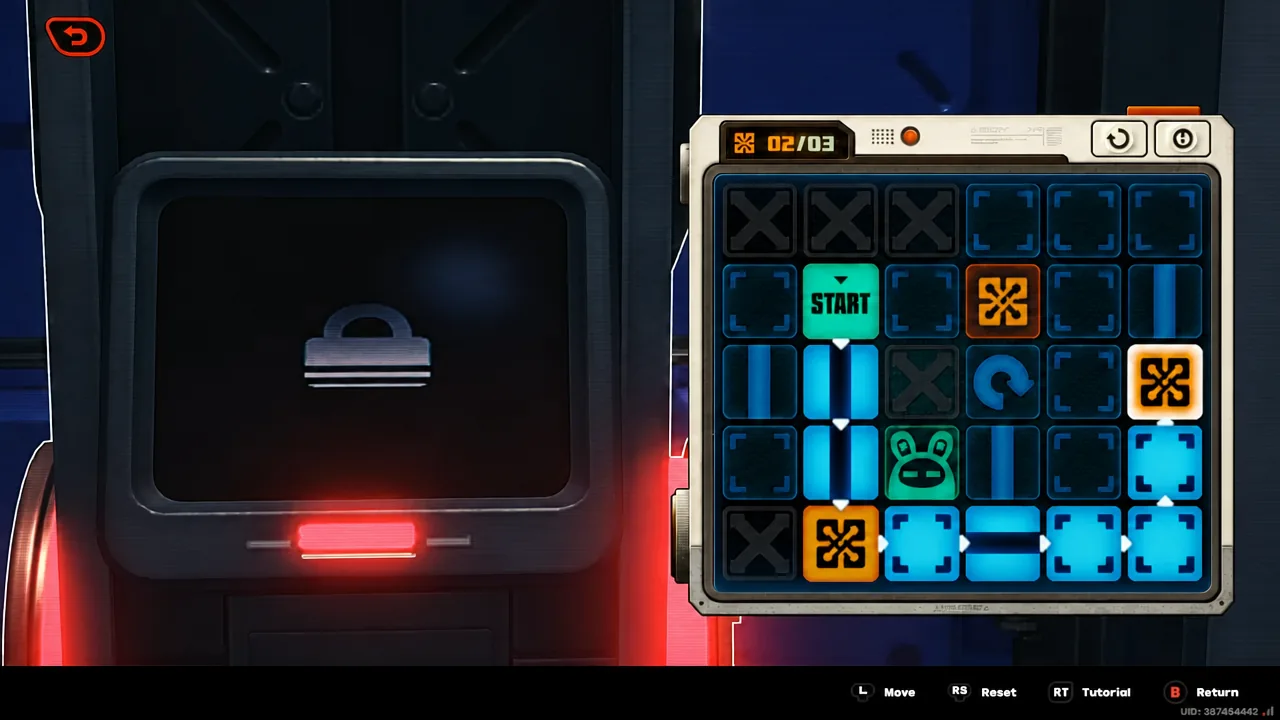 Circuit-routing hacking puzzle with an orange junction tile being moved among blue path segments