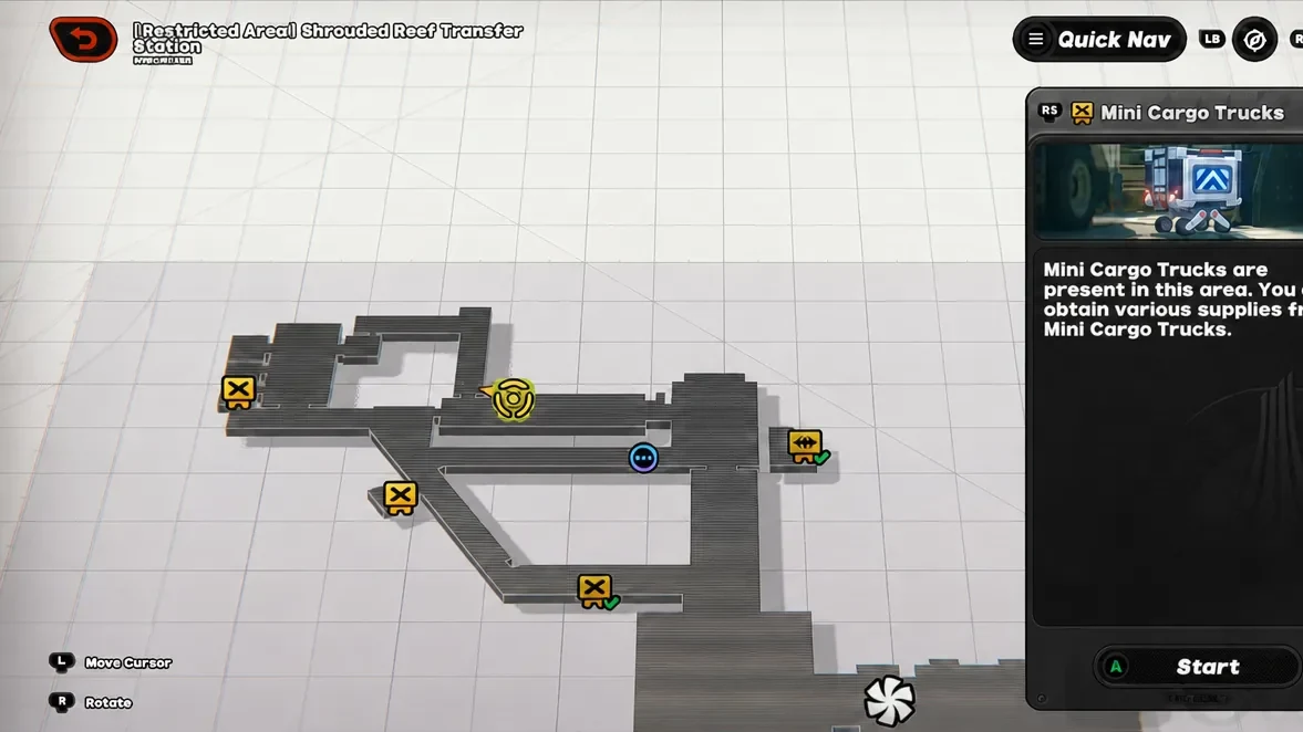 Restricted Area map screen with Mini Cargo Trucks highlighted in the Quick Nav list