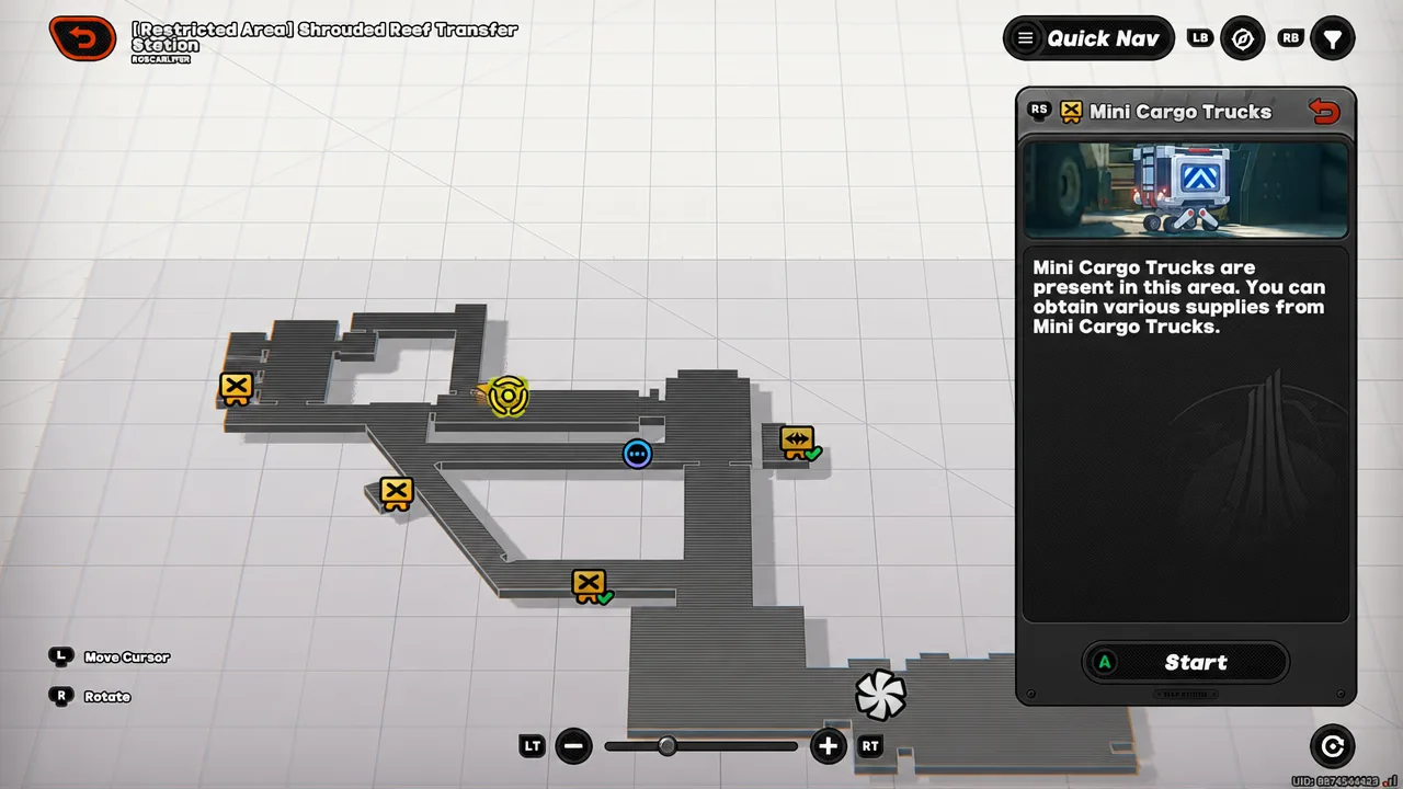 Quick Nav menu open on the Mini Cargo Trucks entry for the area, with the Start button highlighted