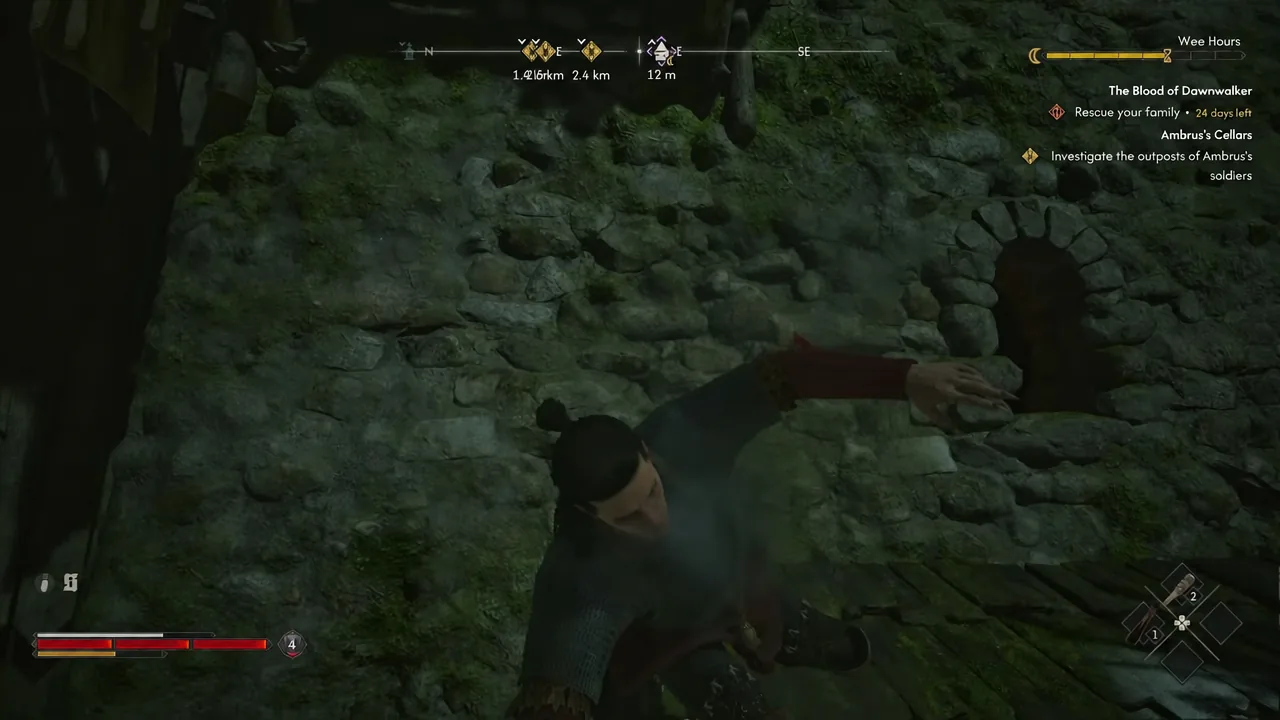 Coen swings a melee attack while the tracker still lists Rescue your family