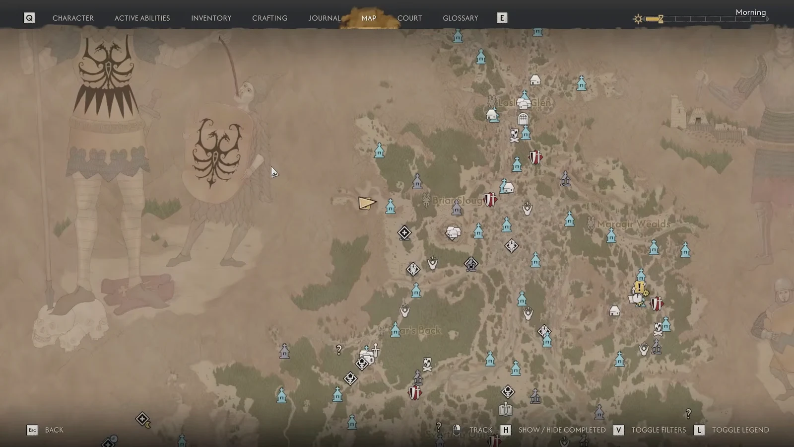 World map screen covered in shrine markers and quest icons, used to plot the route to the cache