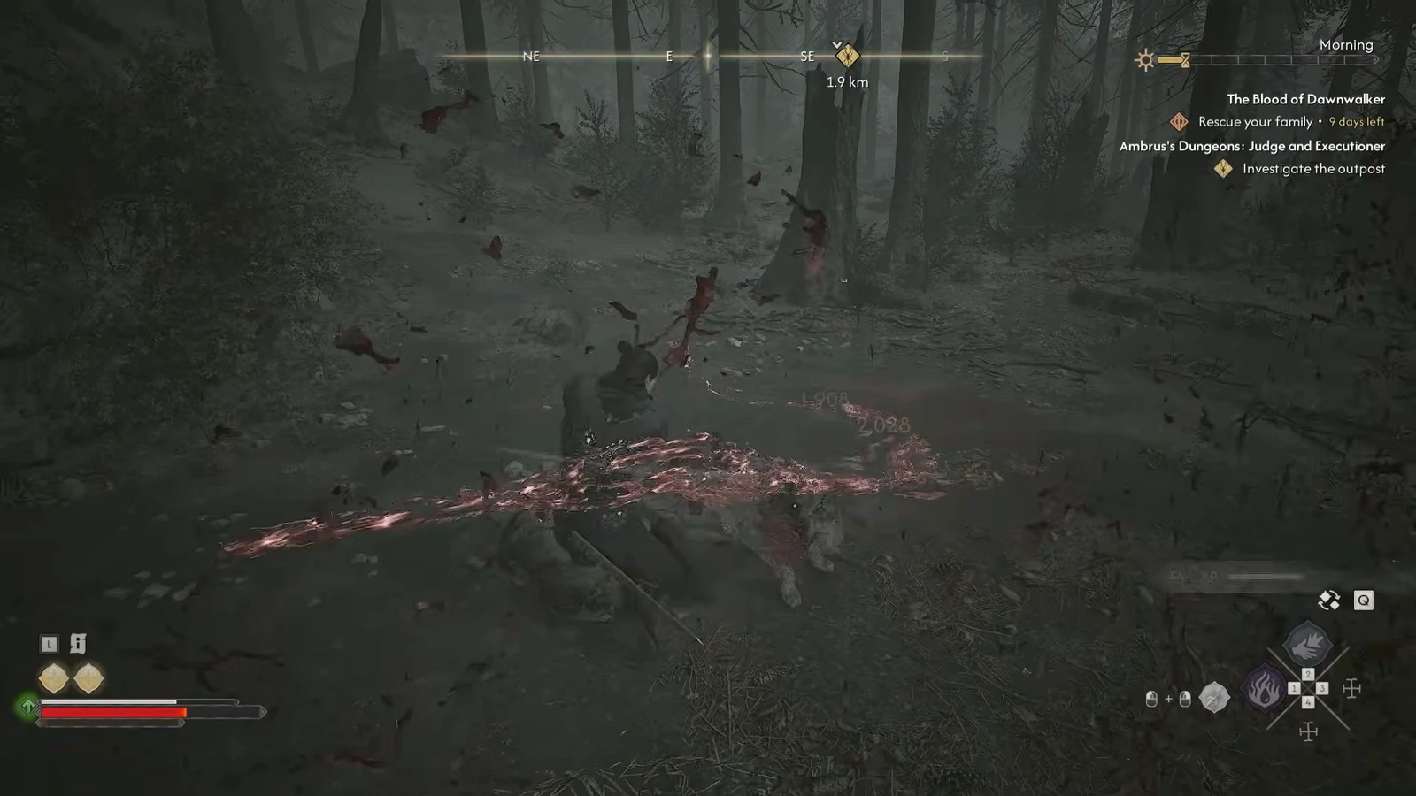 Coen swinging at a wolf among the trees with the active quest tracker on the right of the screen