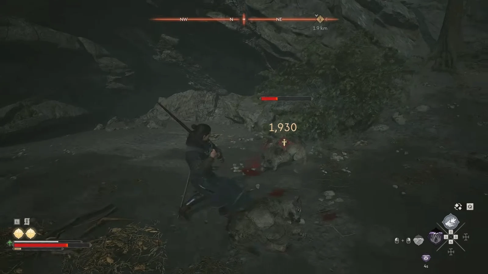 Combat HUD showing a 1,930 damage number under an enemy's partly drained health bar