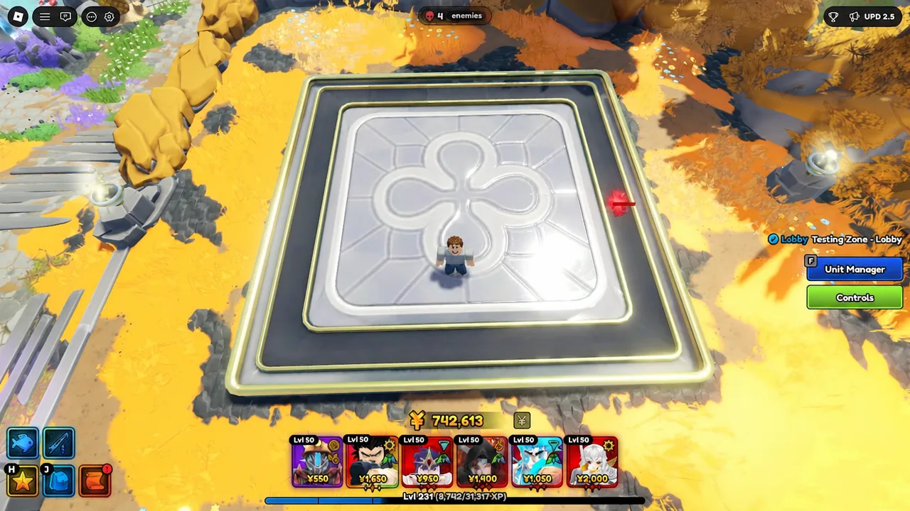 Testing Zone lobby area showing the Unit Manager button before opening the unit menu