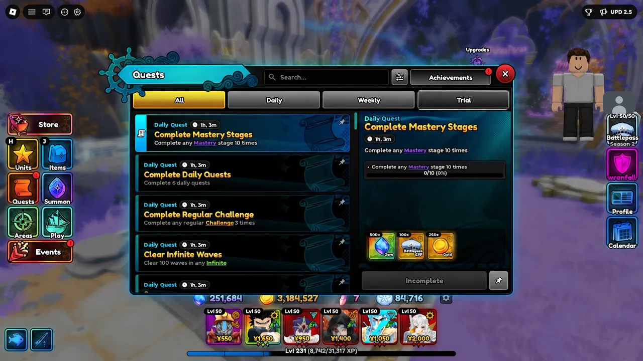 Quests menu open on the All tab with the Complete Mastery Stages daily quest and its progress bar