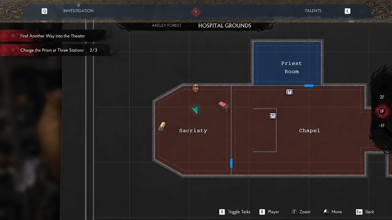 Investigation screen showing the 1F map with the player marker in the Sacristy