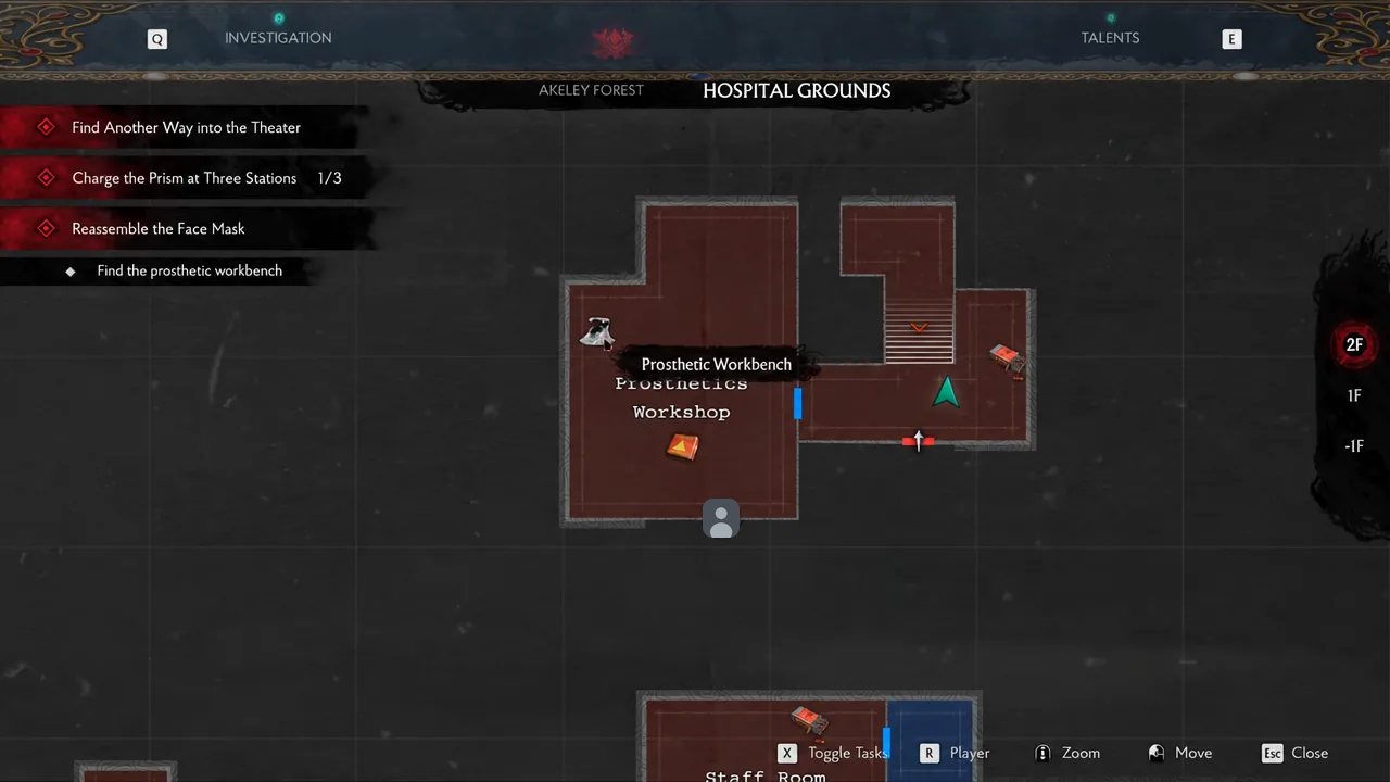 Hospital Grounds map highlighting the Prosthetic Workbench objective on floor 2F