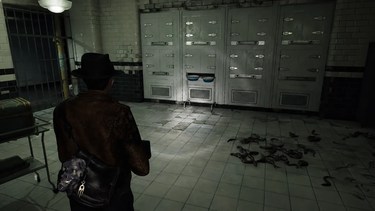 Player character standing in front of a bank of morgue drawers in Akeley Hospital