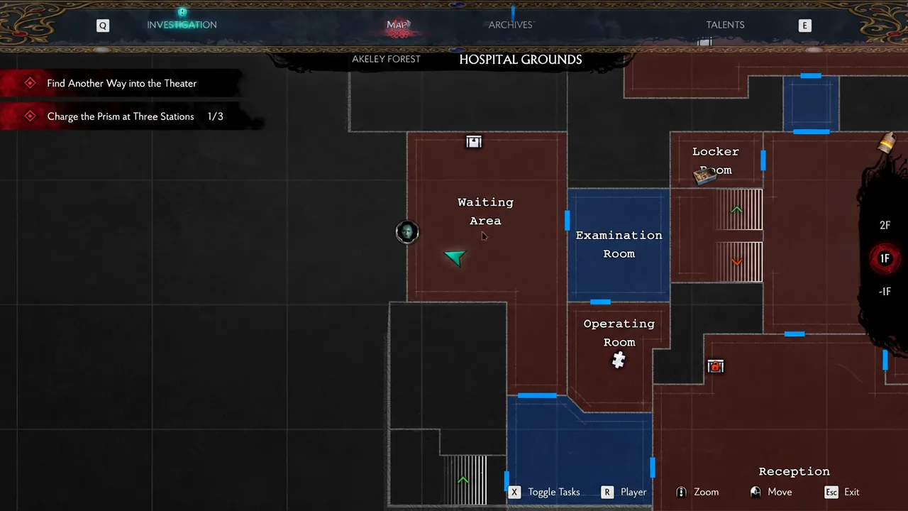 Hospital Grounds map open with the player marker in the Waiting Area on floor 1F