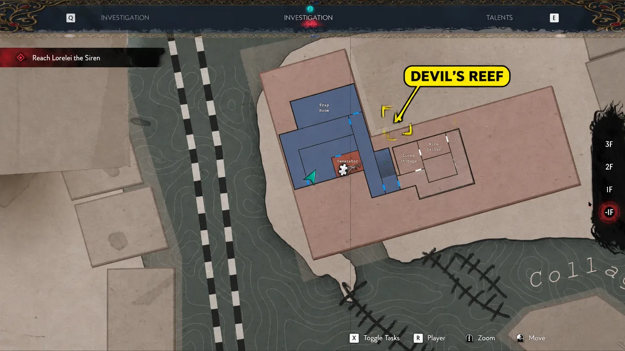 Investigation map with Devil's Reef marked as the current destination for The Minuteman pickup