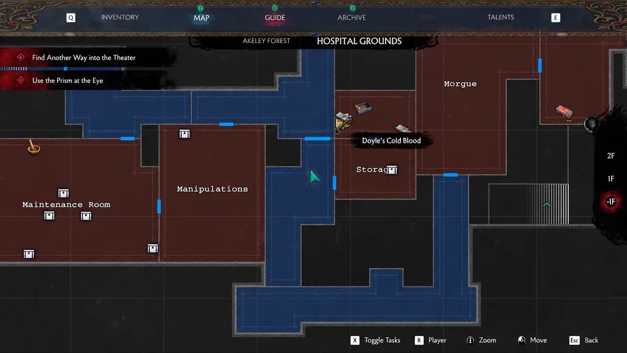 Hospital Grounds map with the MAP tab selected and Doyle's Cold Blood marked in the basement