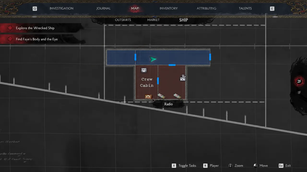 Ship map on 2F with the player marker inside the Crew Cabin where the second radio sits