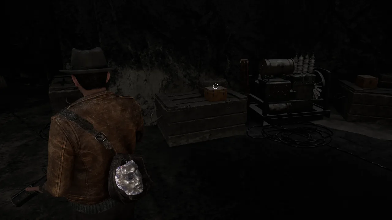 Player aiming at a small wooden box on a workbench to collect the third Activator Pen