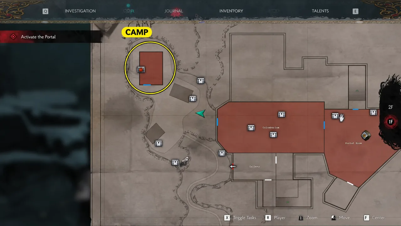 Camp area map with the Activate the Portal objective marked as in progress