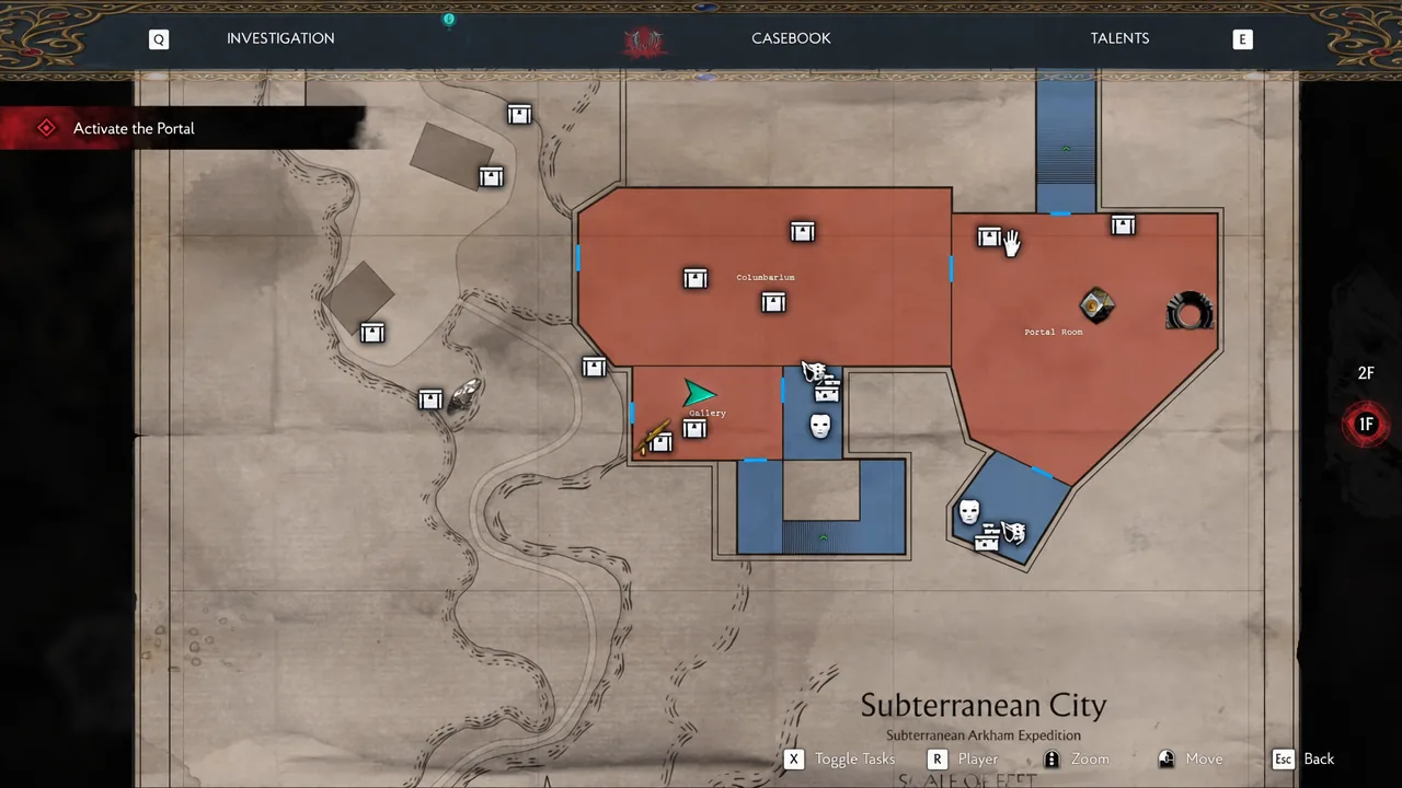 Investigation map for Antarctica with the portal objective active and the Portal Room visible