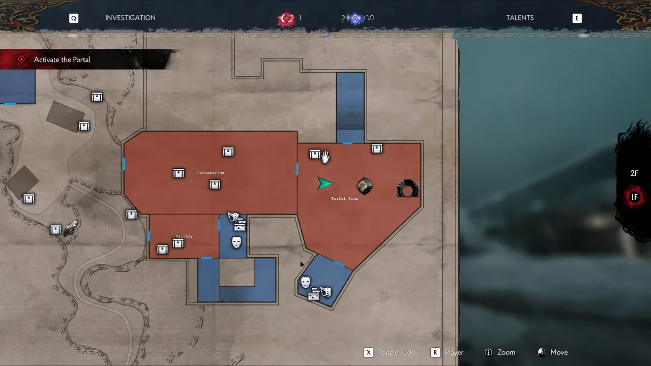 Investigation screen with the Portal Room marker highlighted during the portal objective