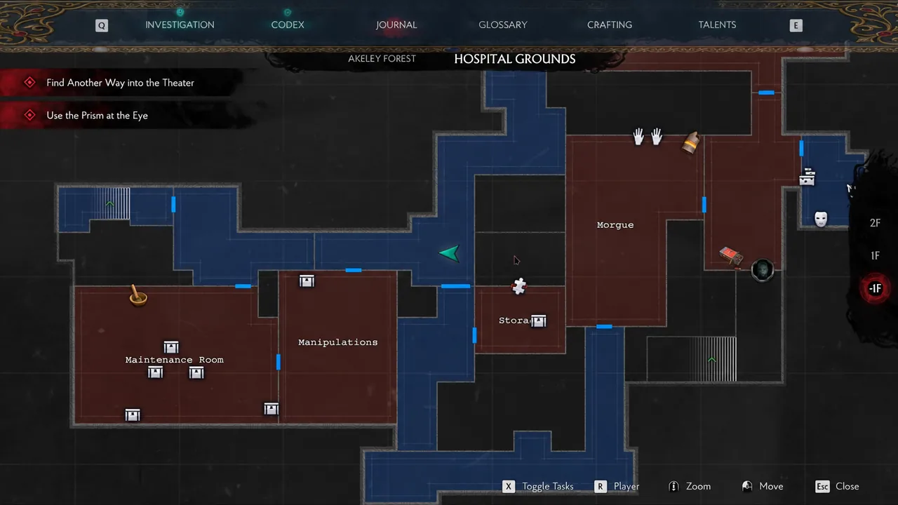 Hospital Grounds map screen with the green player marker while navigating the lower floor