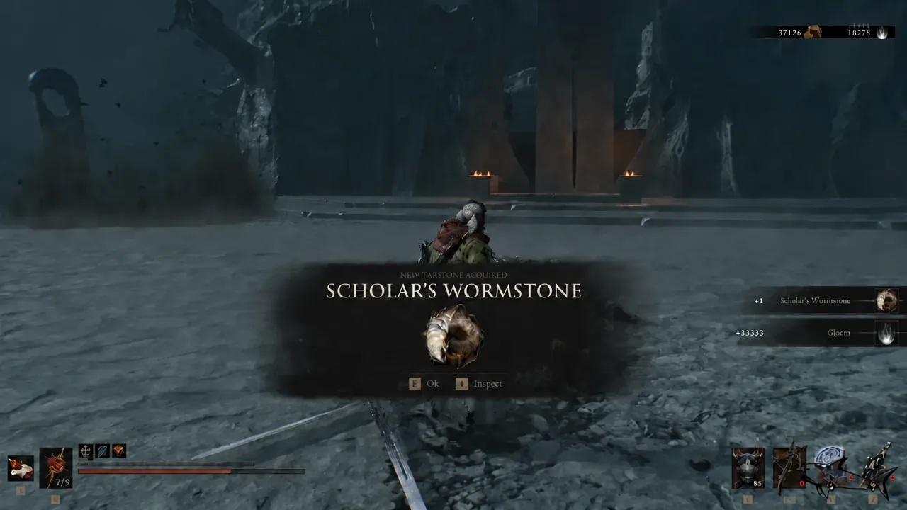 New Tarstone Acquired prompt showing the Scholar's Wormstone reward after defeating the boss