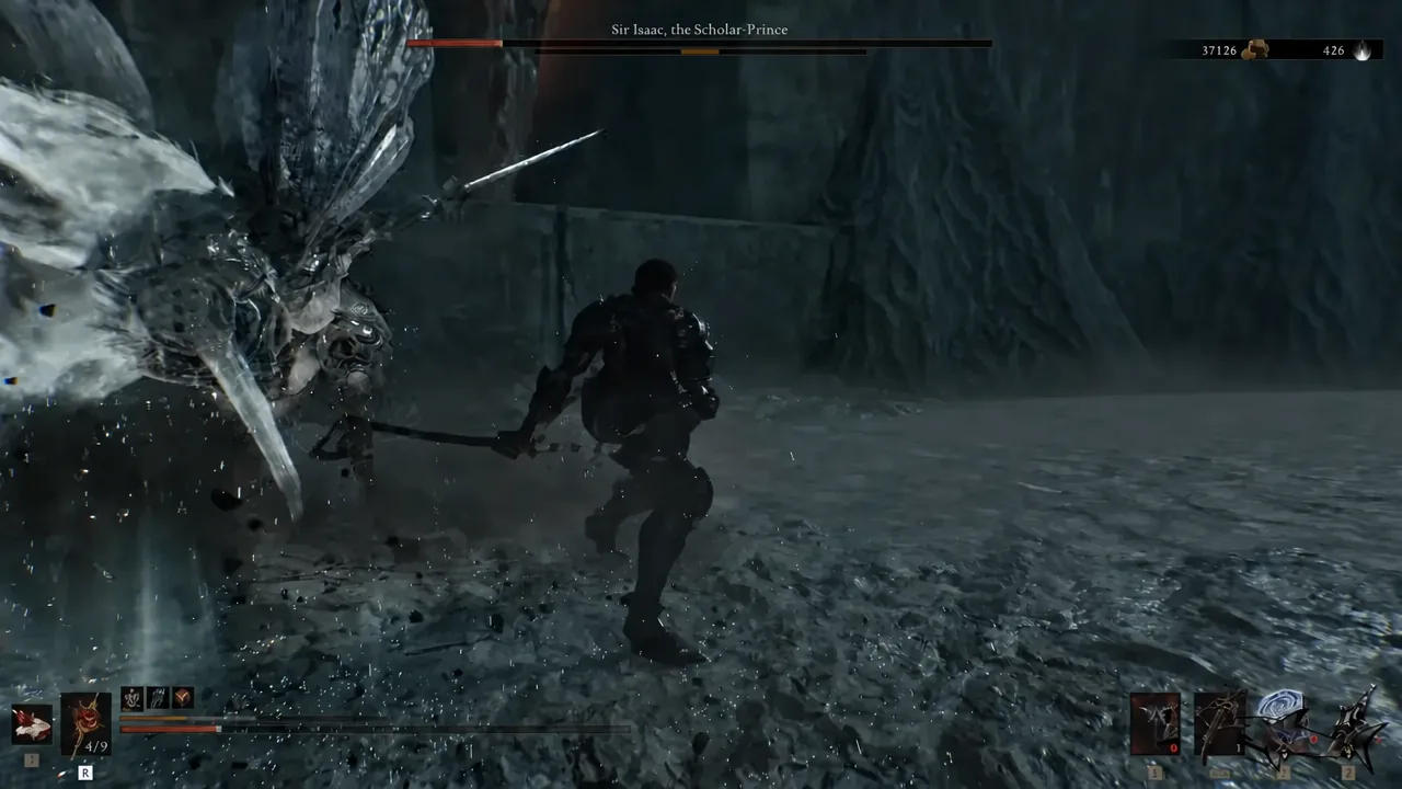 The player lands a melee hit on Sir Isaac during the boss fight as his health bar drains