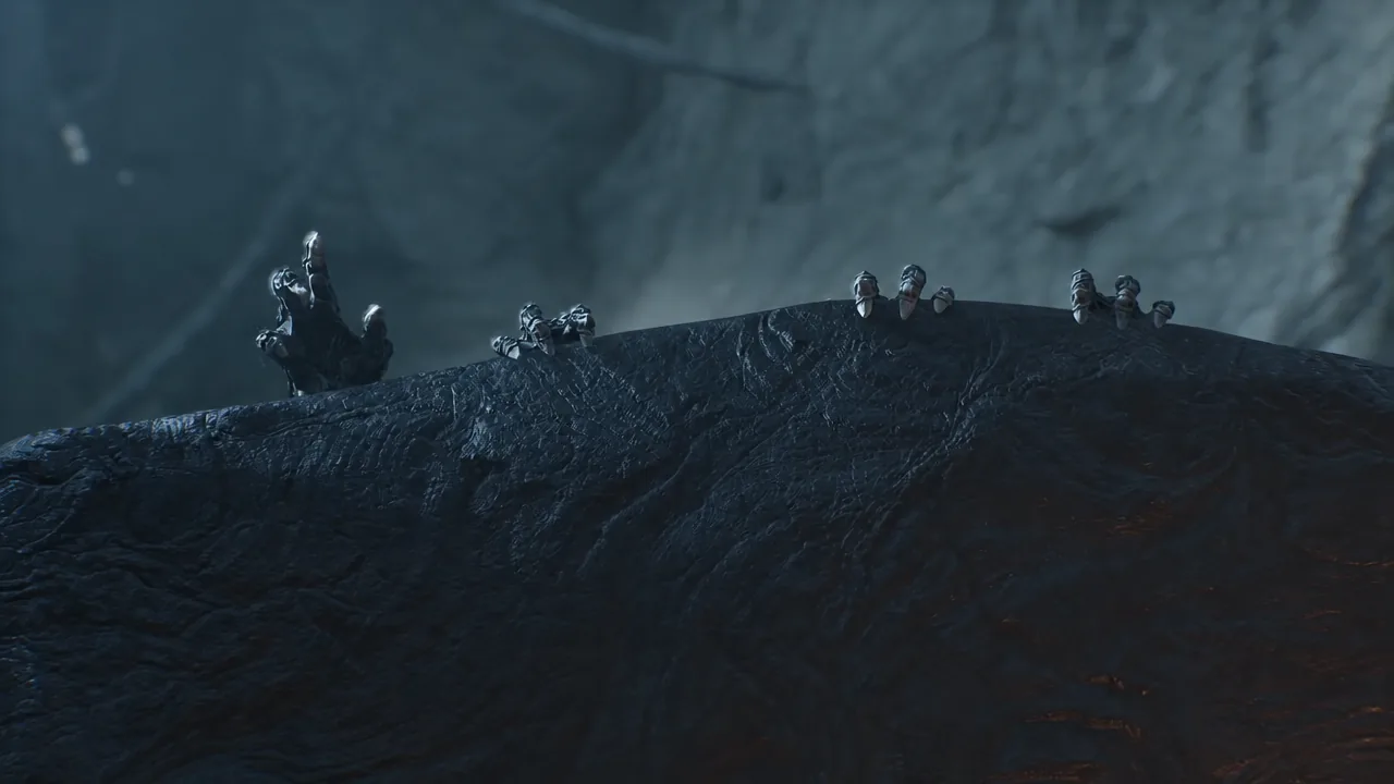 Opening cutscene as a stone shell splits open to reveal Sir Isaac holding a sword and shield
