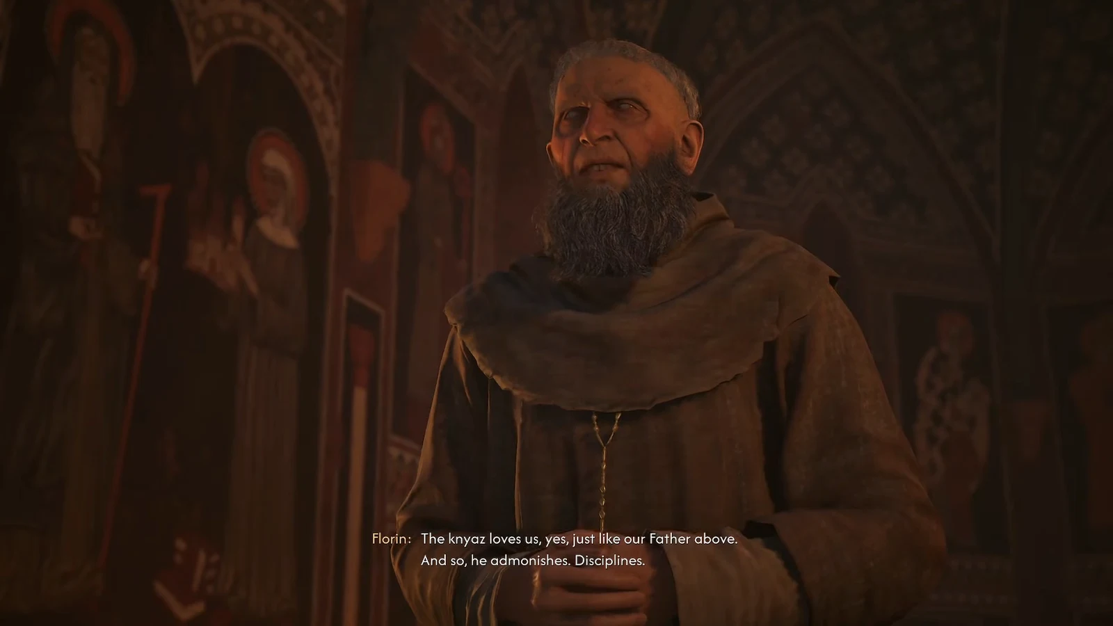 Coen seated in the pew beside Esme as the blood mass cutscene begins