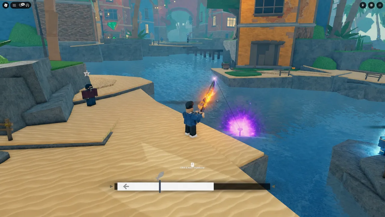 Reeling in a catch on Skycrest with the click-and-hold progress bar active at the bottom of the screen