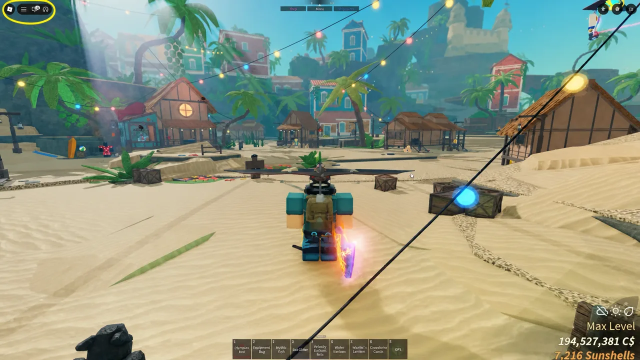 Player flying Glorp's Saucer upward toward Skycrest above Fischfest