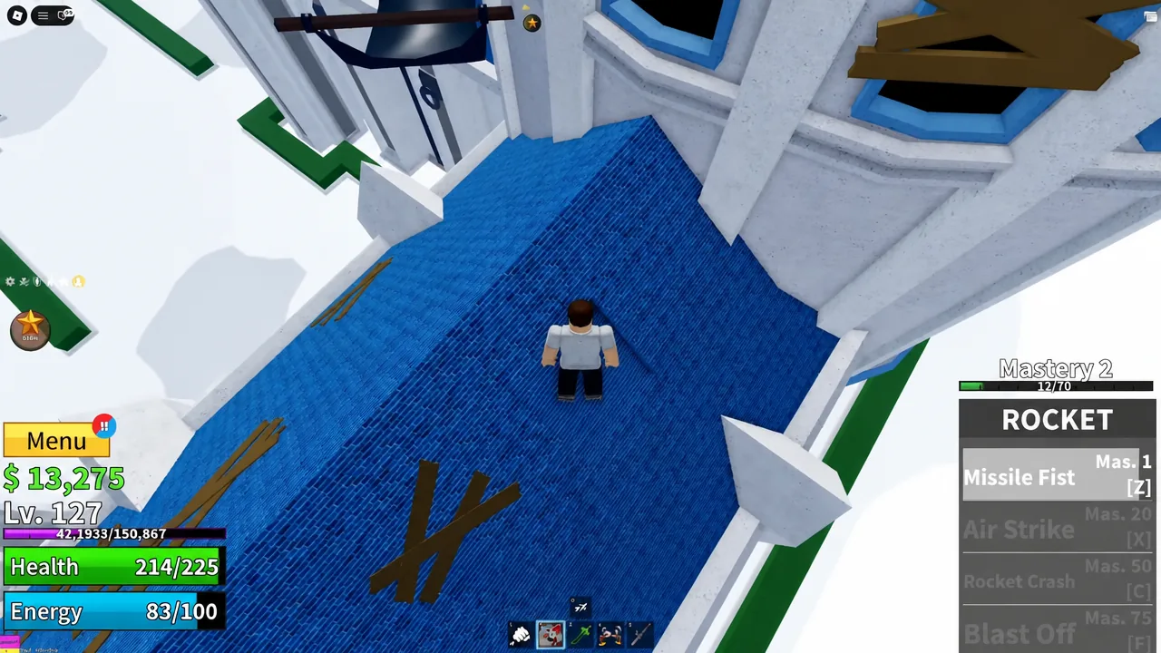 Player standing with the Rocket move list showing Missile Fist before breaking into the castle